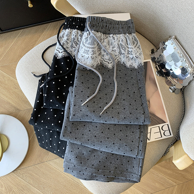 【Bottoms】レース切り替えドット柄パンツ T01371