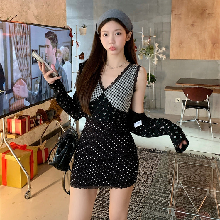 【Set】花柄カーディガン+切り替えワンピース2点セット T01360