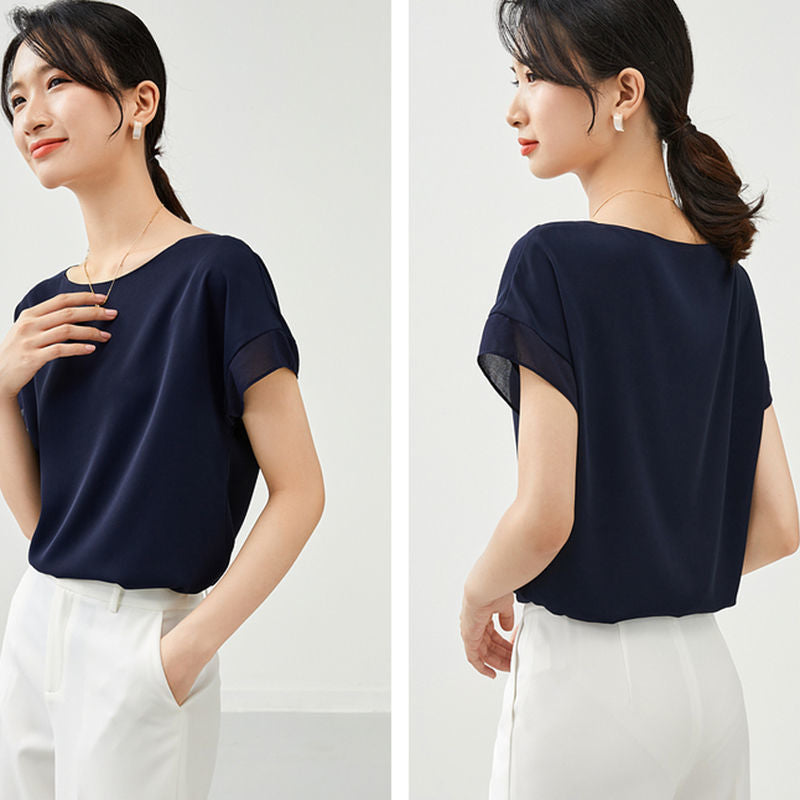 【Tops】大人シンプル無地クルーネック半袖シフォンブラウス Z-5585