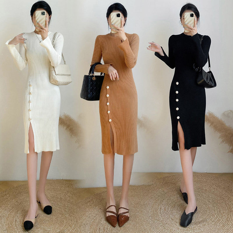 【Dress】3色スリット入りニットワンピース W9714