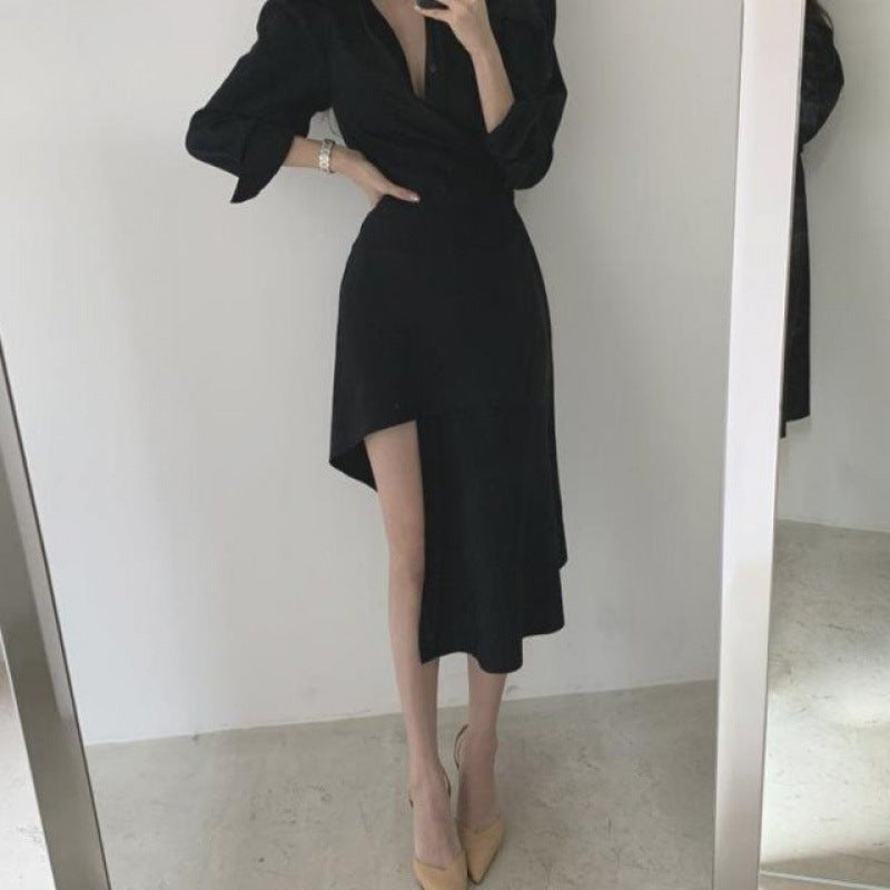 【Dress】韓国ファッションins風イレギュラー春秋ハイウエスト着痩せシャツワンピース2色選択可 Z-4744