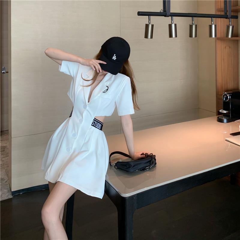 【Dress】バックレース半袖スーツワンピース Z6768