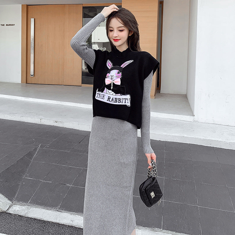 【Set】可愛い🐇ウサギプリント付きニットベスト +ロング丈ニットワンピース秋冬重ね着2点セット Z-4455