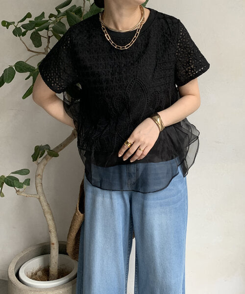 【Tops】スプライシングオーガンザTシャツ T01689