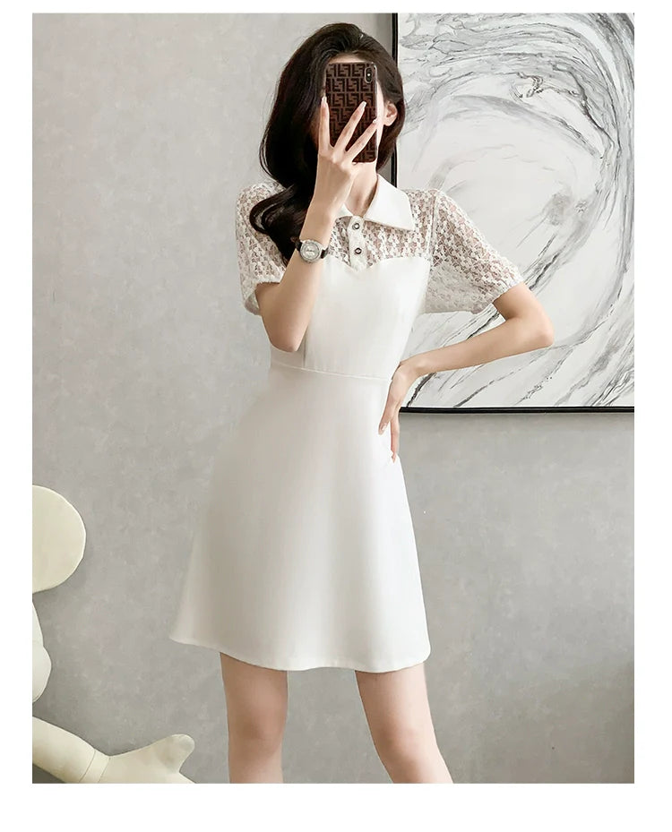 【Dress】2色選択可~人気レース切り替え半袖シャツワンピース W7010