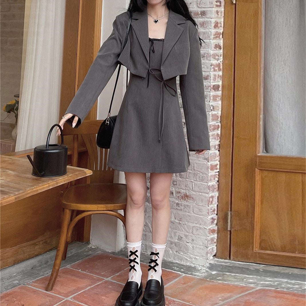 【Set】低身長方おすすめ2点セット 長袖コート + キャミソールワンピース W7655