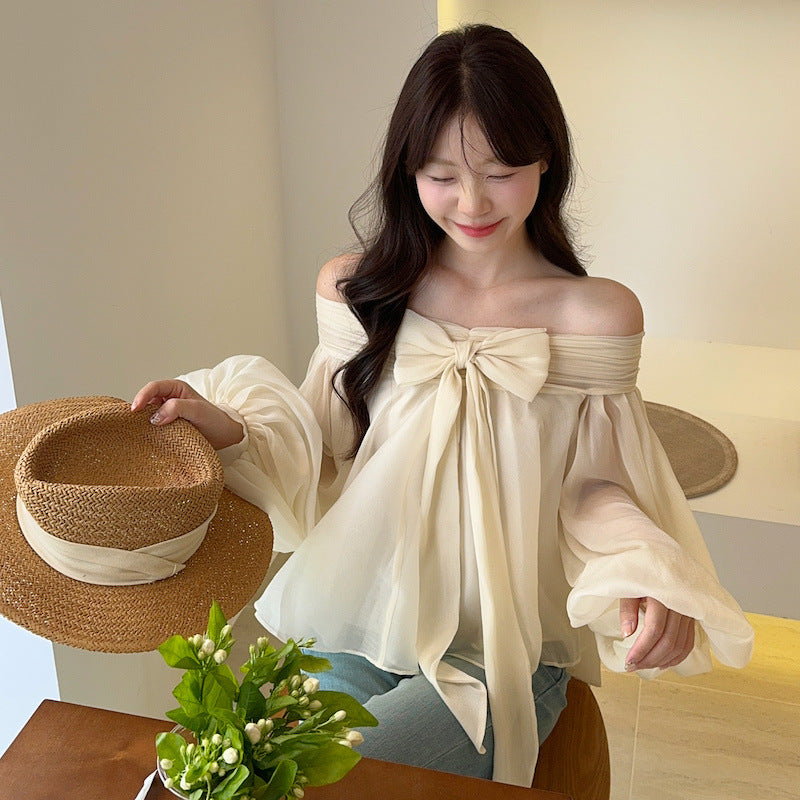 【Tops】リボン付きオフショルダーフリルシャツ T01854