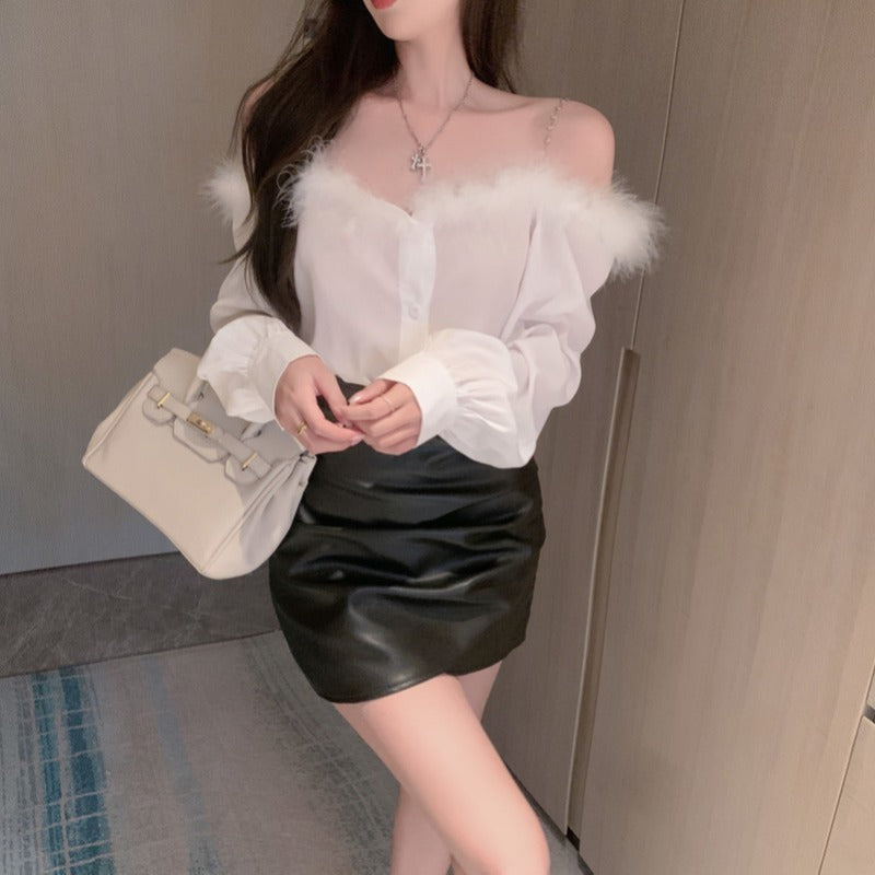 【Tops】オフショルダーファーシャツ W13517