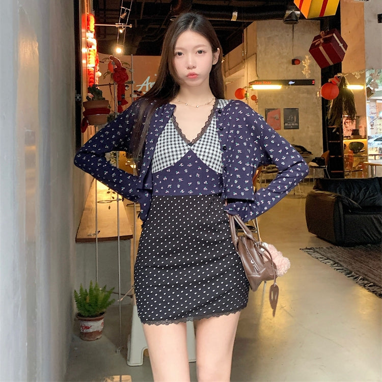 【Set】花柄カーディガン+切り替えワンピース2点セット T01360