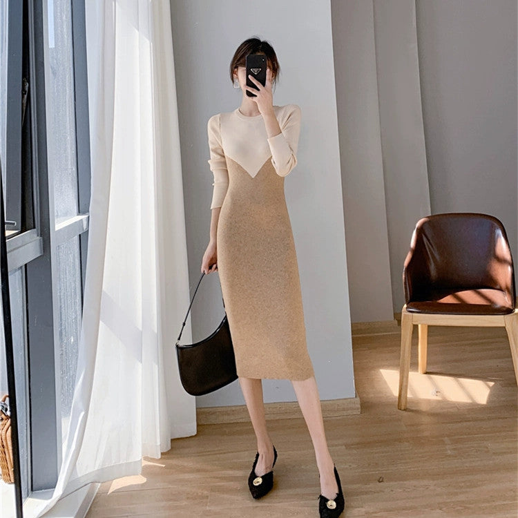 【Dress】2色配色ニットワンピース W9677