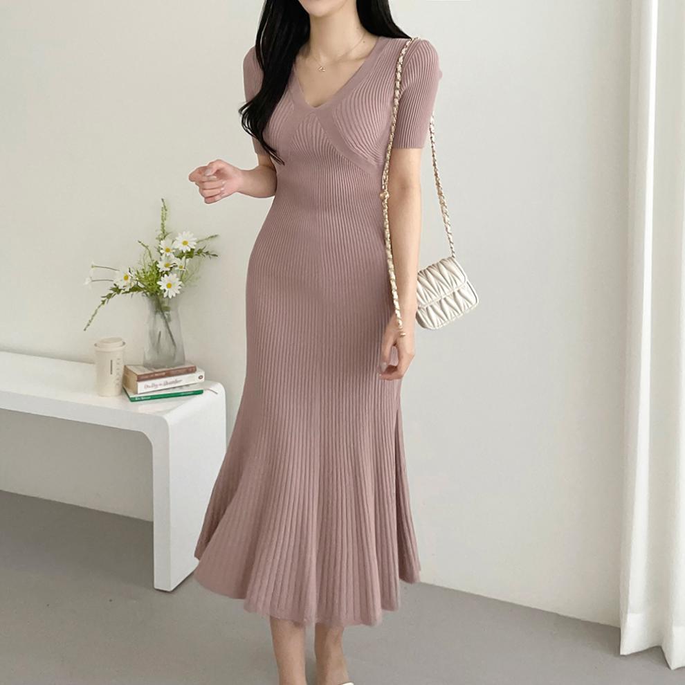 【Dress】大人シンプル無地vネック半袖マーメイドワンピース Z-5672