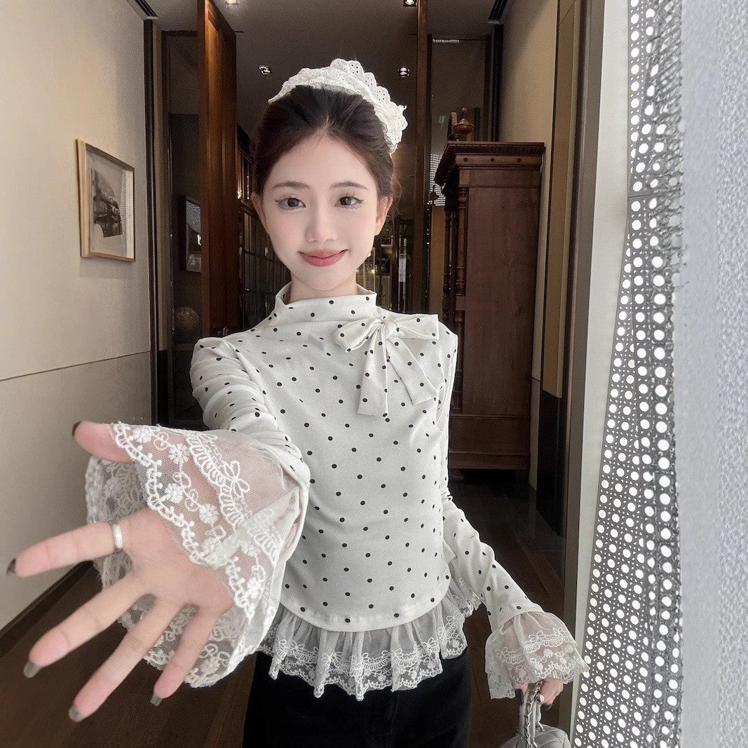 【Tops】レースドット柄Tシャツ T01351