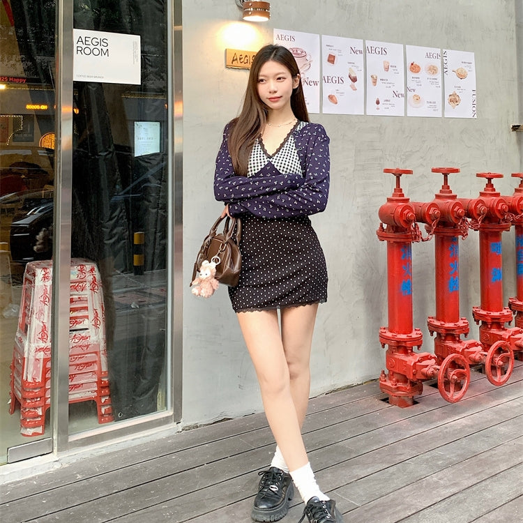 【Set】花柄カーディガン+切り替えワンピース2点セット T01360