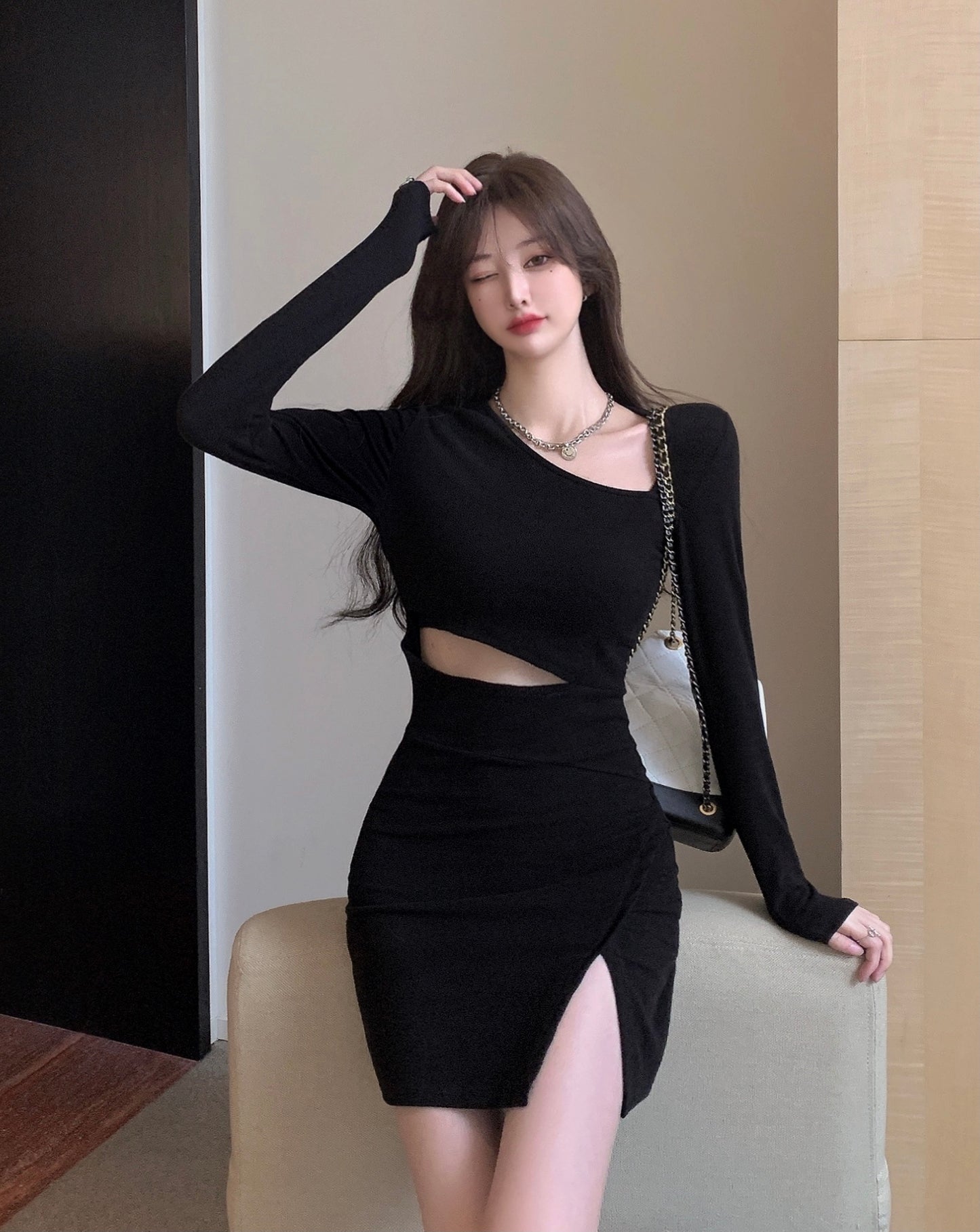 【Dress】春秋透かし彫りワンピース W14675