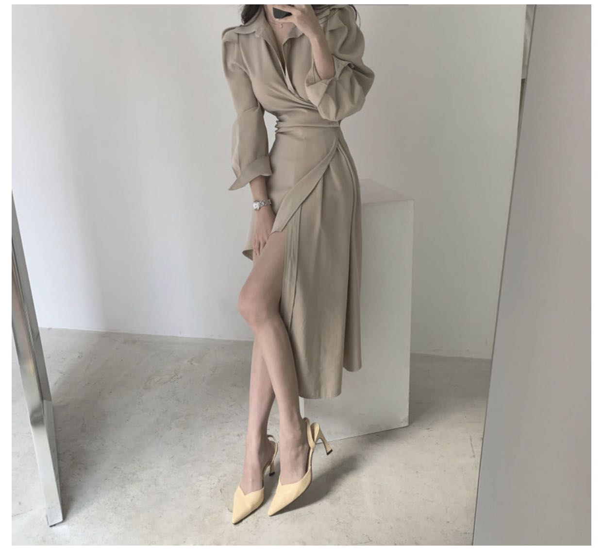 【Dress】韓国ファッションins風イレギュラー春秋ハイウエスト着痩せシャツワンピース2色選択可 Z-4744