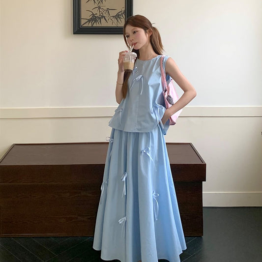 【Set】リボン付きノースリーブ2点セット T01448