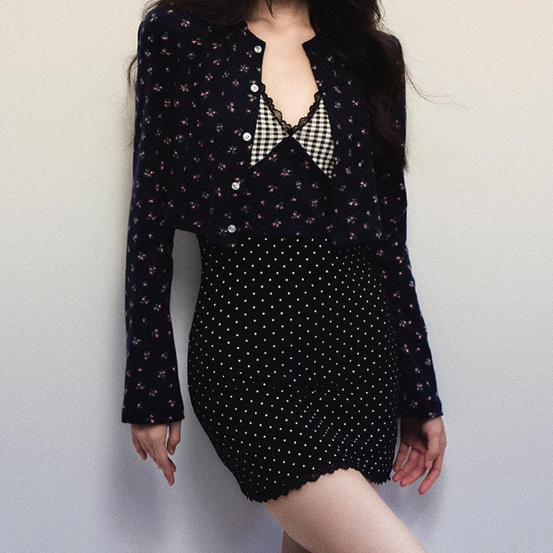 【Set】花柄カーディガン+切り替えワンピース2点セット T01360