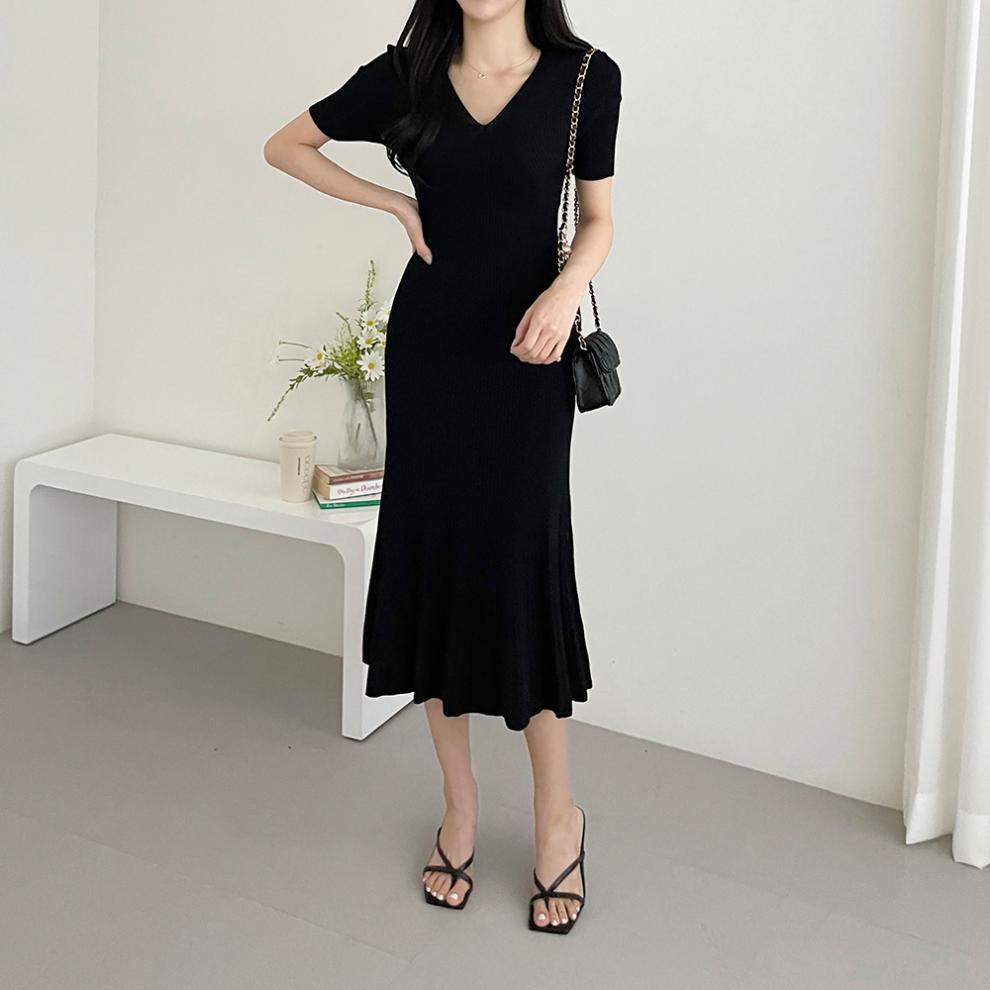 【Dress】大人シンプル無地vネック半袖マーメイドワンピース Z-5672