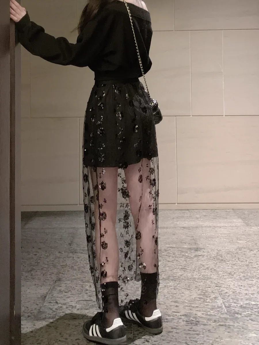 【Bottoms】新入荷~透け感レーススカート W11229