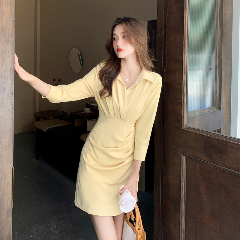 【Dress】低身長方おすすめ半端スリーブ膝丈シャツワンピース Z-5673