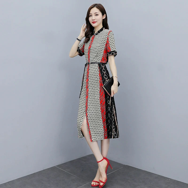 【Dress】人気爆発中~フェミニン半袖ロング丈配色薄い夏シャツワンピース W-6129