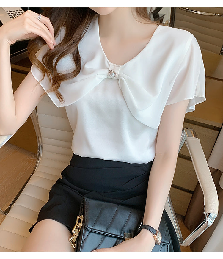 【Tops】新入荷~レディース定番Vネックエレガント半袖シャツブラウス W-5086