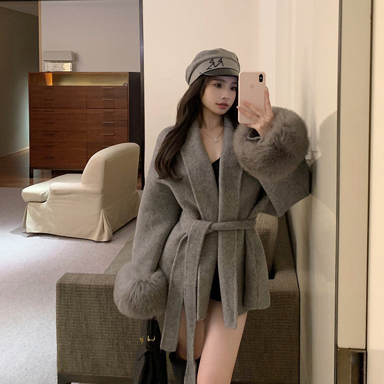 【Outer】長袖厚手ウエストリボンコート W14523