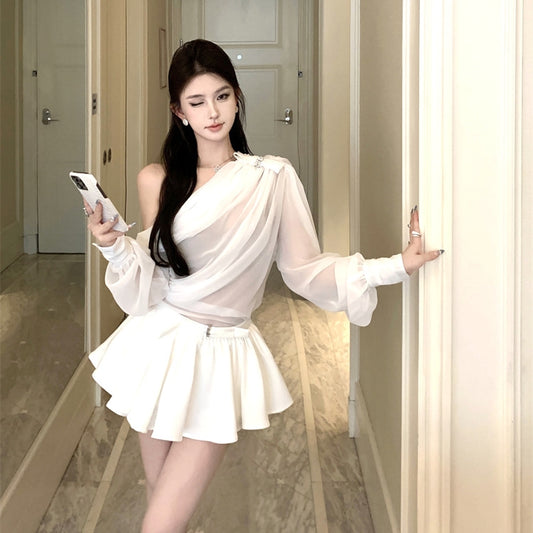 【Set】リボン付きトップス+ミニスカートセット T01383