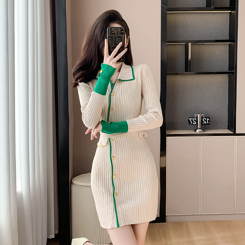 【Dress】配色ニットワンピース W10068