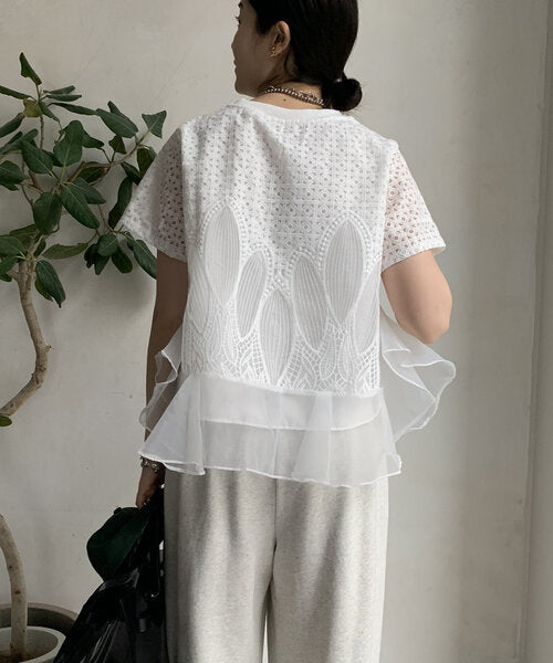 【Tops】スプライシングオーガンザTシャツ T01689