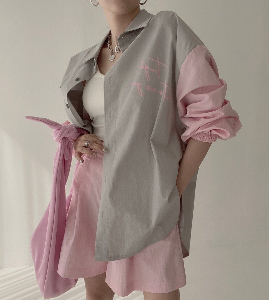 【Tops】4色展開配色シャツ W11765