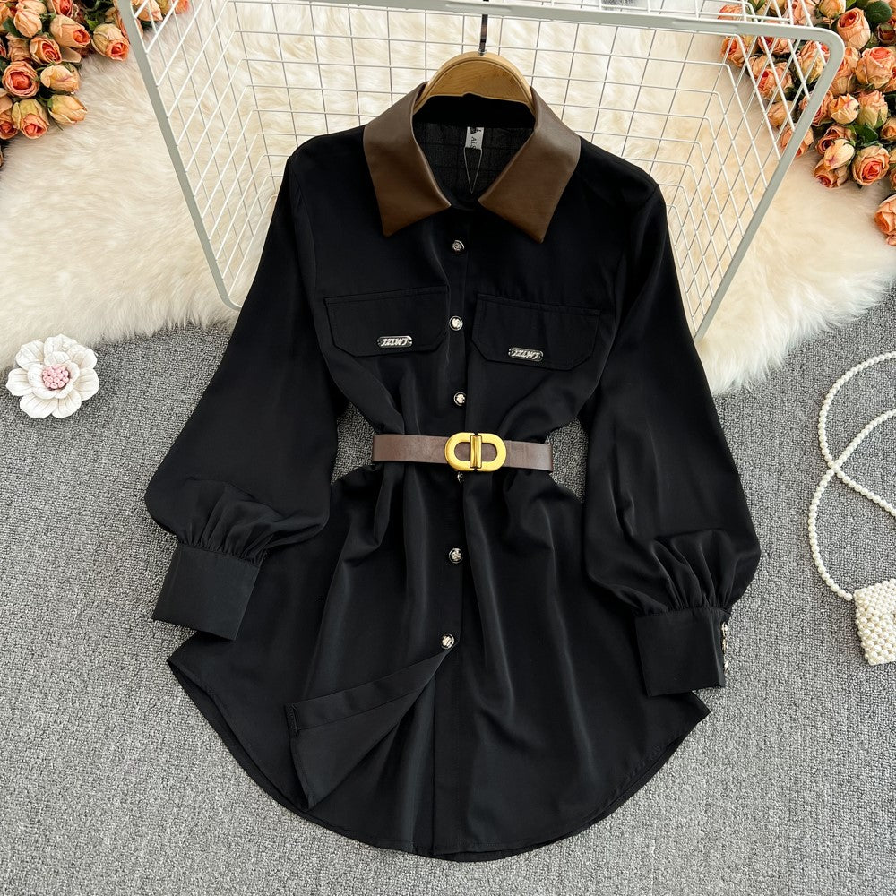 【Dress】お洒落度up~レディース春秋Aライン配色パフスリーブ膝丈シャツワンピース Z-3994