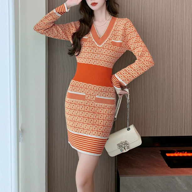 【Dress】3色展開~レトロ風ニットワンピース W9282