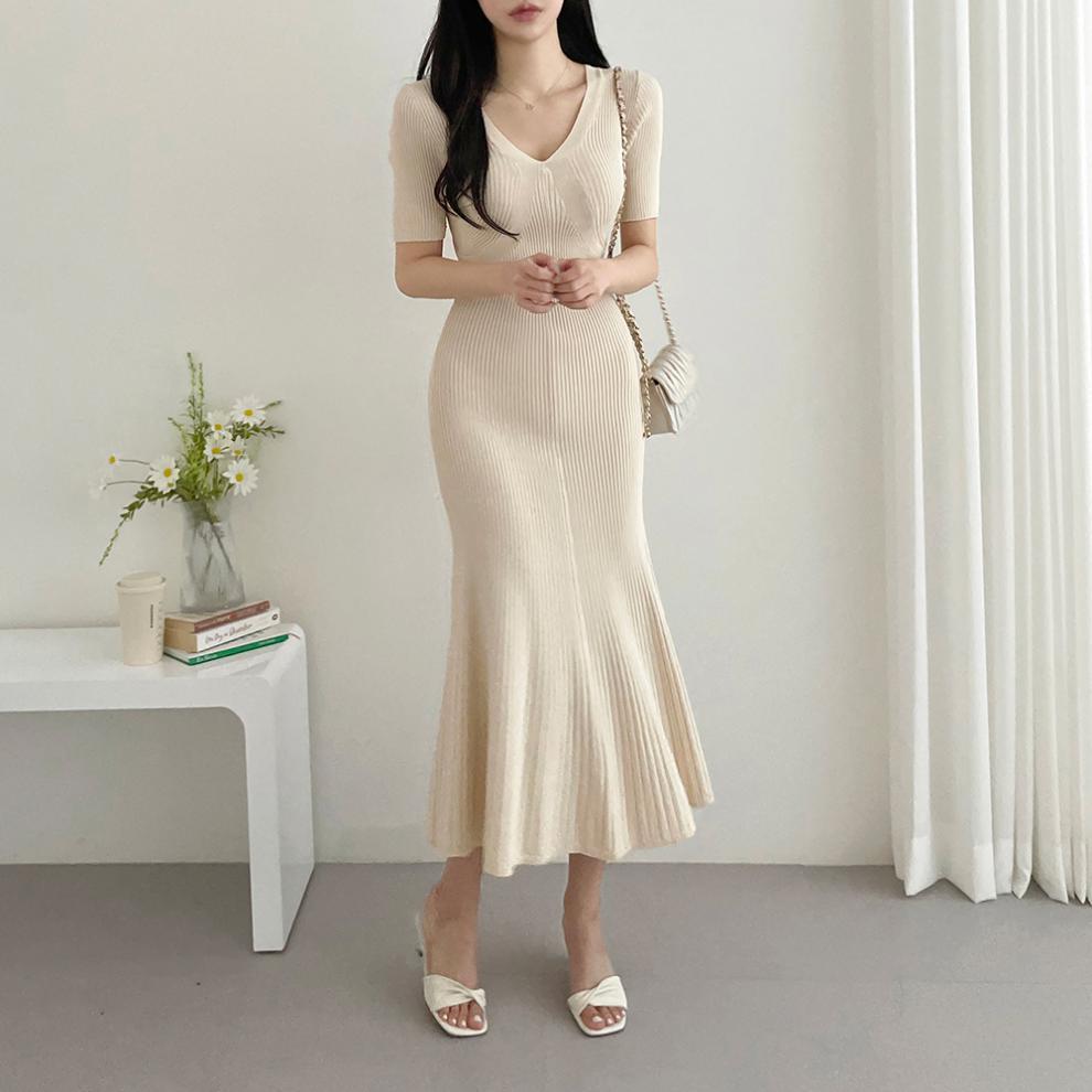 【Dress】大人シンプル無地vネック半袖マーメイドワンピース Z-5672