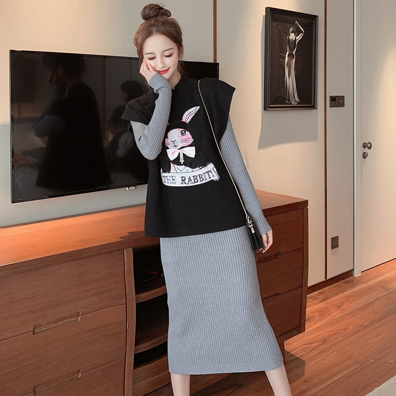 【Set】可愛い🐇ウサギプリント付きニットベスト +ロング丈ニットワンピース秋冬重ね着2点セット Z-4455