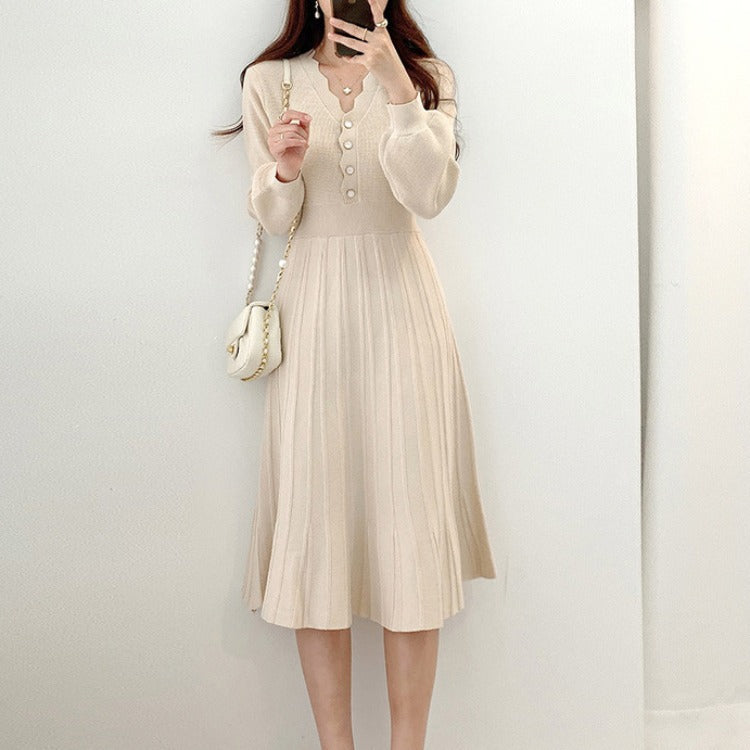 【Dress】早い者勝ち~3色展開気質レトロ長袖ニットワンピース W7811
