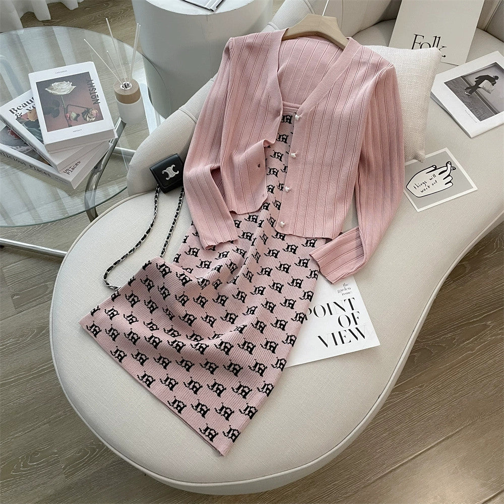 【Set】カーディガン+ キャミワンピ重ね着セット W11139