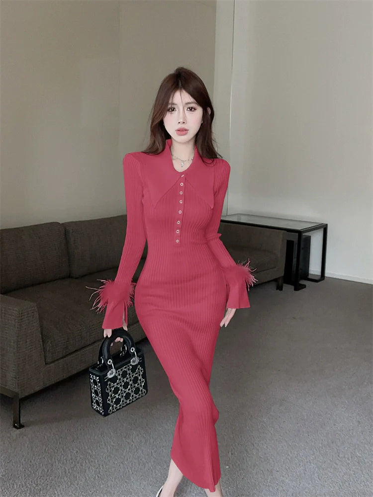 【Dress】フェイクファー切替ニットワンピース W9679