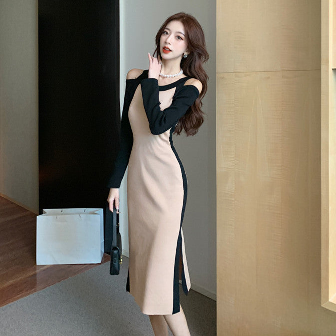 【Dress】肩見せ配色ニットワンピース W9284