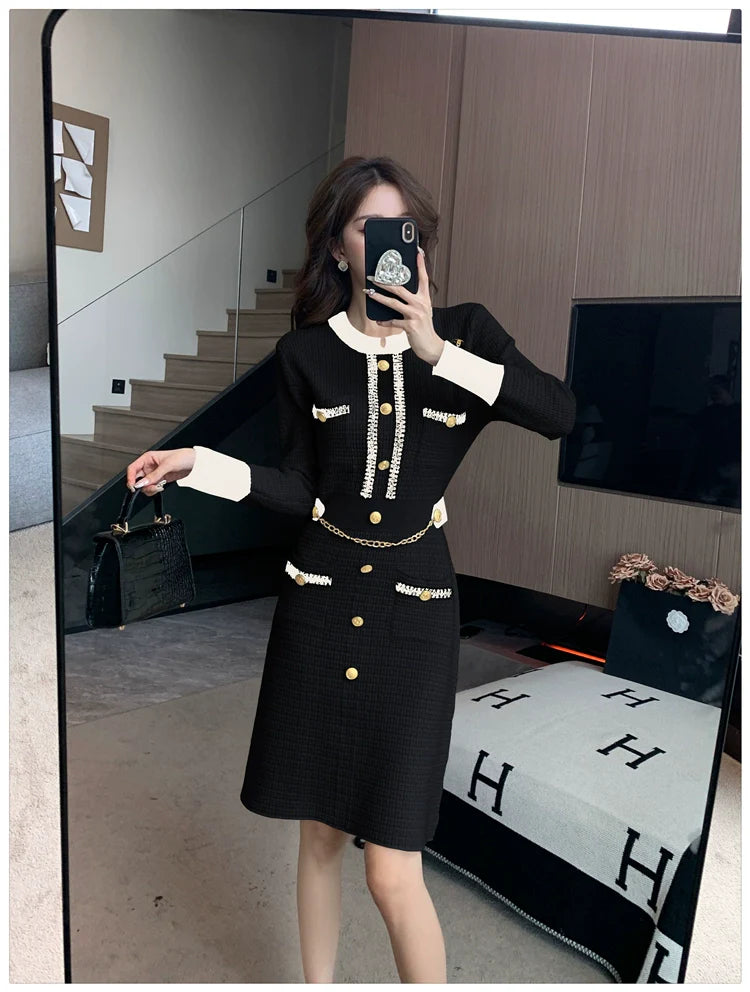 【Dress】新作アイテム~長袖きれいめ配色ニットワンピース W7836