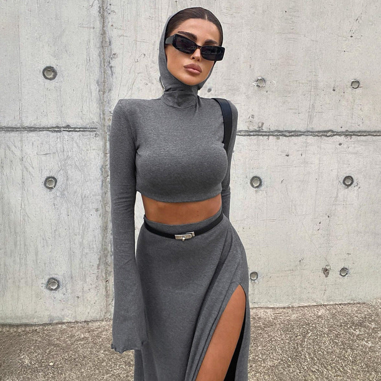 【Set】フード付きトップス+ ハイスリットスカート2点セット T01286