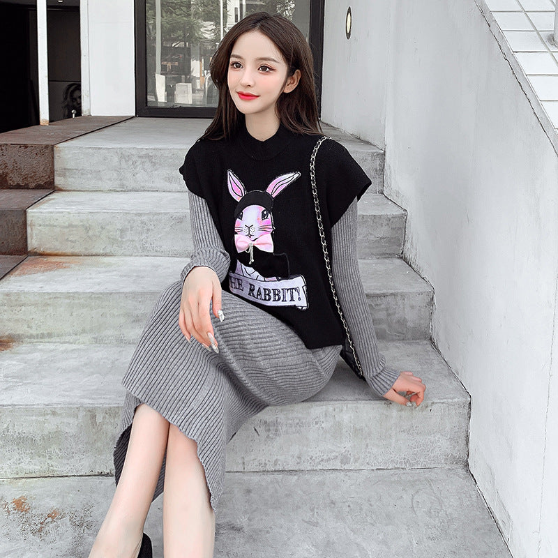 【Set】可愛い🐇ウサギプリント付きニットベスト +ロング丈ニットワンピース秋冬重ね着2点セット Z-4455