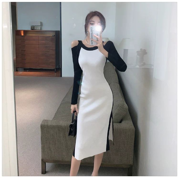 【Dress】肩見せ配色ニットワンピース W9284