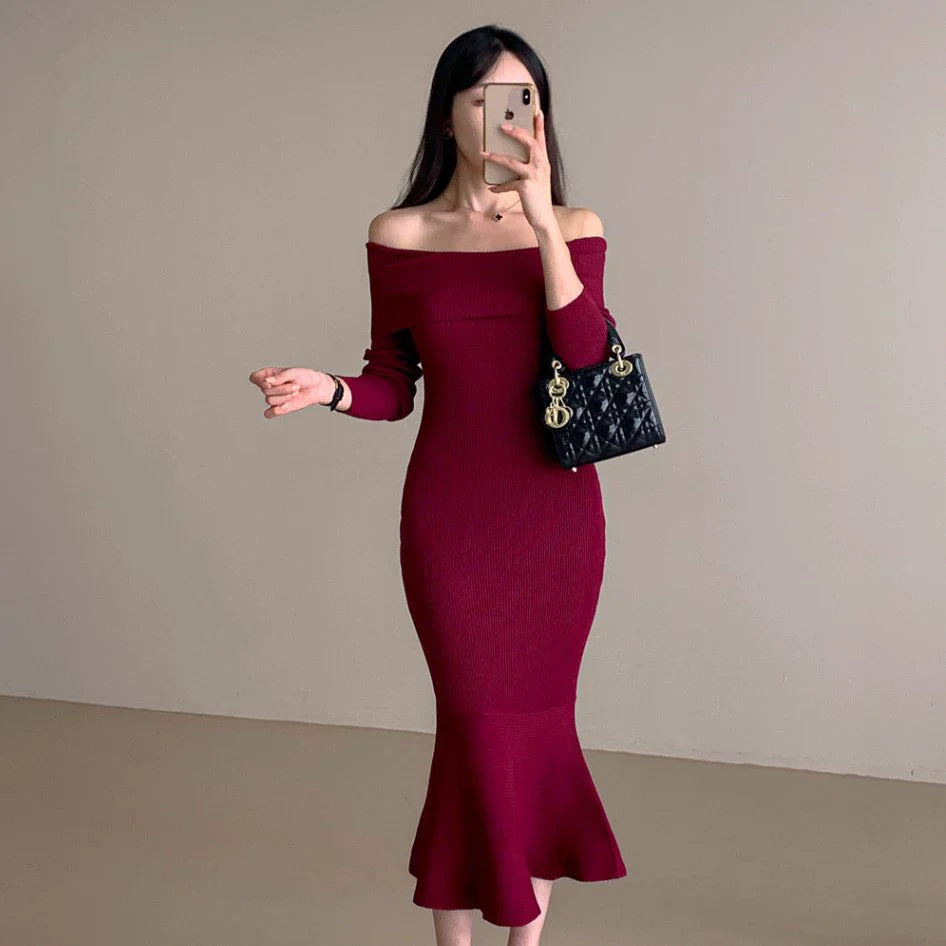 【Dress】オフショルダーマーメイドワンピース W8194