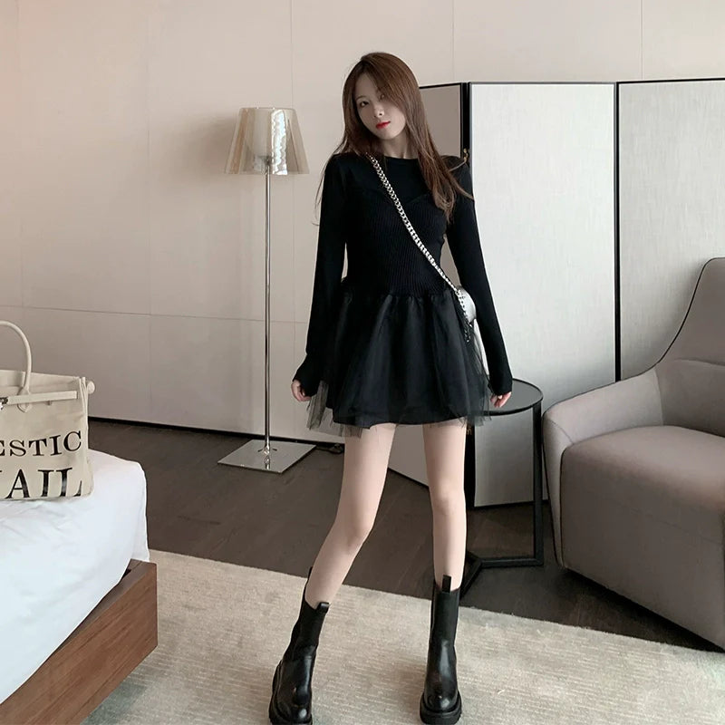 【Dress】チュール切替ニットワンピース W8215