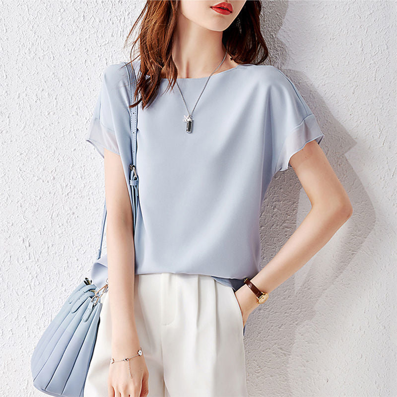 【Tops】大人シンプル無地クルーネック半袖シフォンブラウス Z-5585