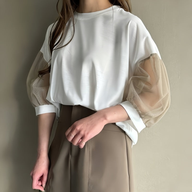 【Tops】チュール切替春秋ブラウス Z7043