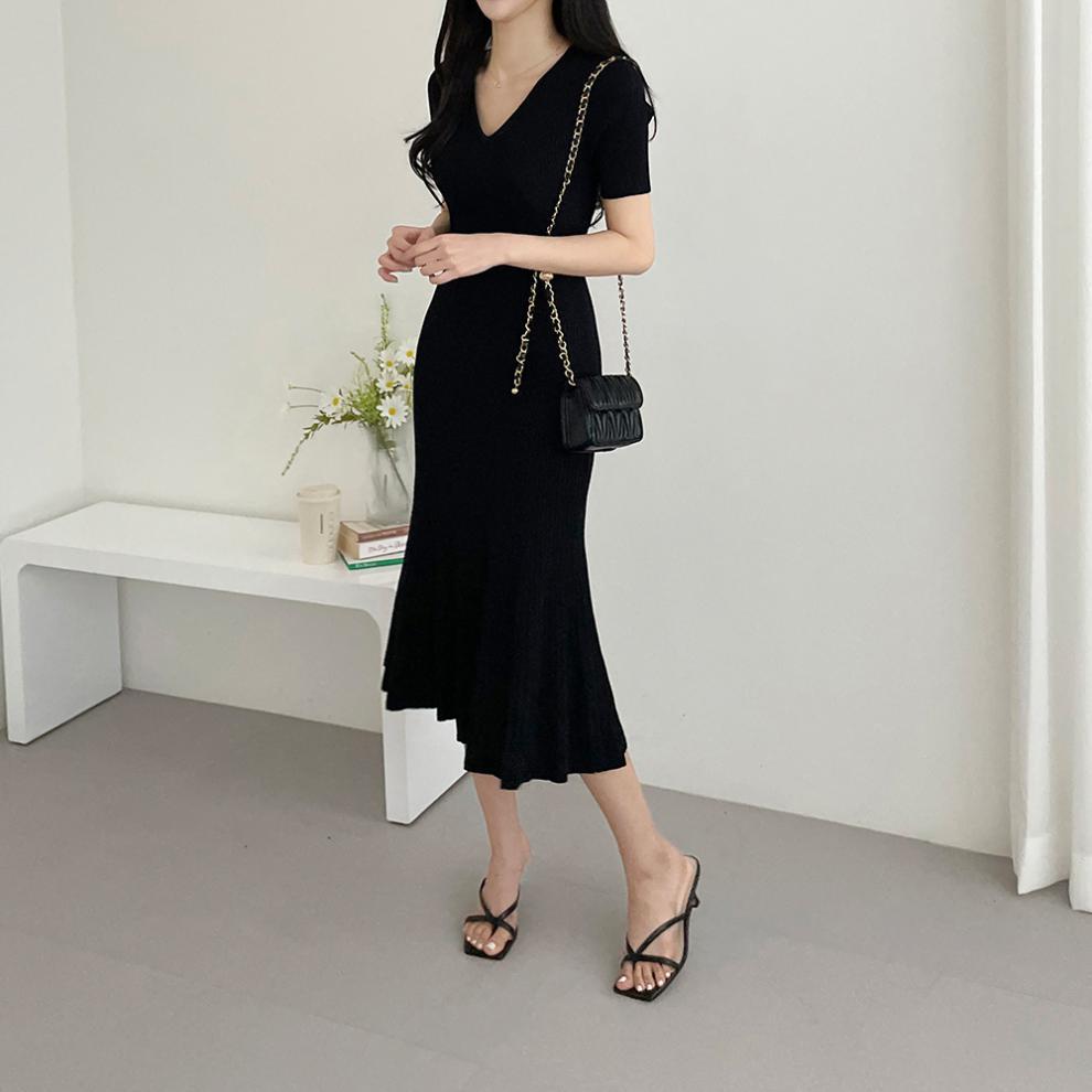 【Dress】大人シンプル無地vネック半袖マーメイドワンピース Z-5672