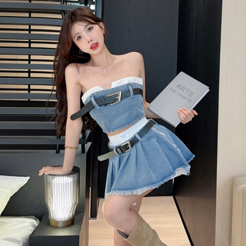 【Set】ベアトップ×スカートデニムセット W11937