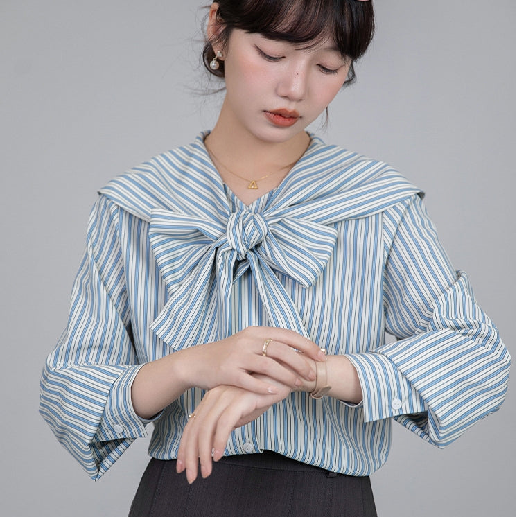 【Tops】リボンストライプシャツ T01609